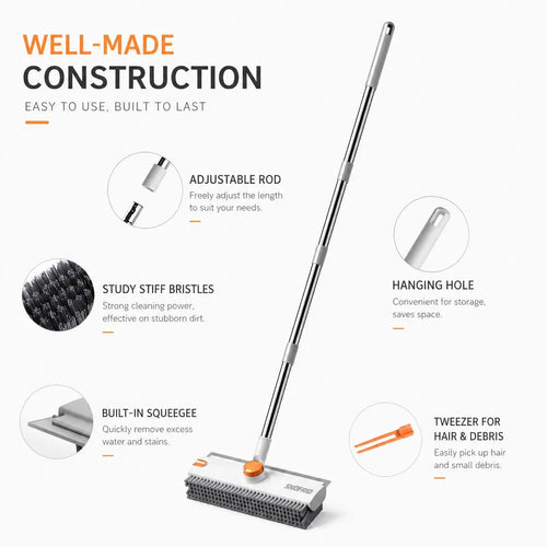 3-in-1 Heavy-Duty Floor Scrub Brush with Long Handle & Built-In Scraper
